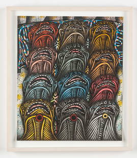 J.J. Cromer (American) Folk, Outsider Art Drawing, Grouping 2016: J.J. Cromer (American, b. 1967) "Grouping", initialed and dated 2016, mixed media collage on paper. Framed (new frame with plexiglass). Size: 16.5'' x 14'', 42 x 36 cm (sheet); 19'' x 16.5'', 48 x 42