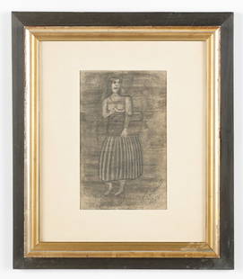 Adalbert Trillhaase (German, Germany) Folk Drawing, d. 1921/Outsider Art: Adalbert Trillhaase (German, Germany 1858-1936)Untitled (Figure Clutching Valise), dated 1921. Graphite drawing on paper. Size: 9.5'' x 6'', 24 x 15 cm (sight); 17.75'' x 15.25'', 45 x 39 cm (frame).