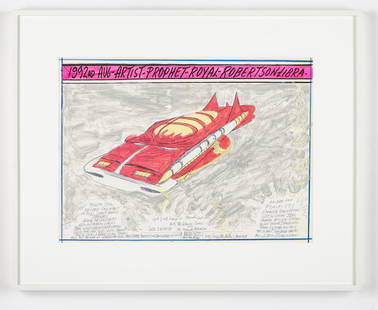 Royal Robertson (American) Spaceship, Folk/Outsider Art: Royal Robertson (American/Louisiana, 1930-1997) Untitled (Spaceship Car), paint, marker and ink on poster paper, signed. Double sided with full calendar on verso. Framed. Size: 16.25'' x 22.25'', 41 x