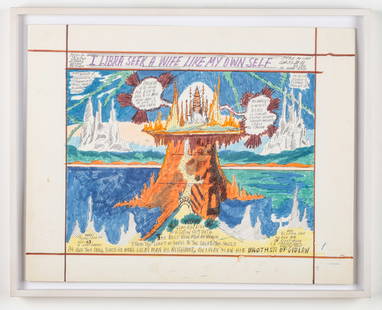 Royal Robertson (1930-1997) "Galactic City" Folk, Outsider Art: Royal Robertson (American/Louisiana, 1930-1997) "Galactic City", c. 1990-92, paint, marker and ink on poster paper, signed, titled and dated. Framed. Size: 21'' x 28'', 53 x 71 cm (sheet); 24.75'' x 3
