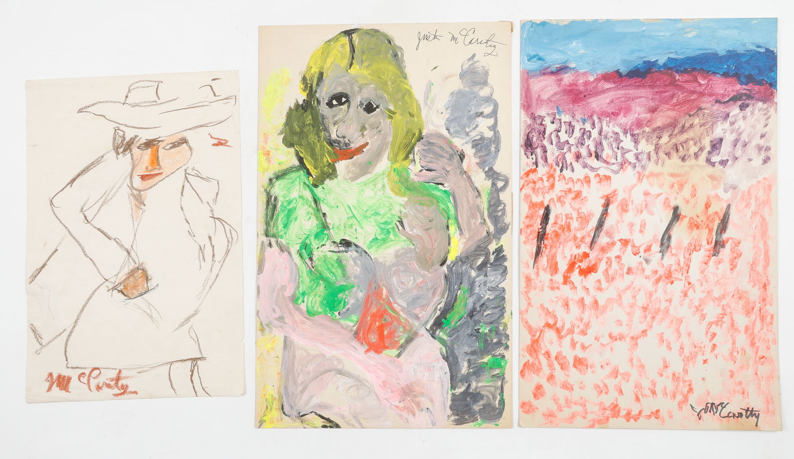 Justin McCarthy (American, 1892-1977) 3 Works: Justin McCarthy (American, 1892-1977) 3 Works, mixed media on paper, each signed. Unframed. Sizes Ranging From: 18'' x 12'', 46 x 30 cm (sheet); To: 22'' x 14'', 56 x 36 cm (sheet). Provenance: Privat