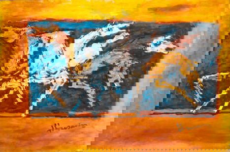 Maqbool Fida Husain (Indian, 1915-2011) Painting: Maqbool Fida Husain (Indian, 1915-2011) Untitled, acrylic painting on unstretched canvas, signed. With COA. Unframed. Provenance: Purchased directly from the artist. Size: 29.5'' x 41.5'', 75 x 105 cm