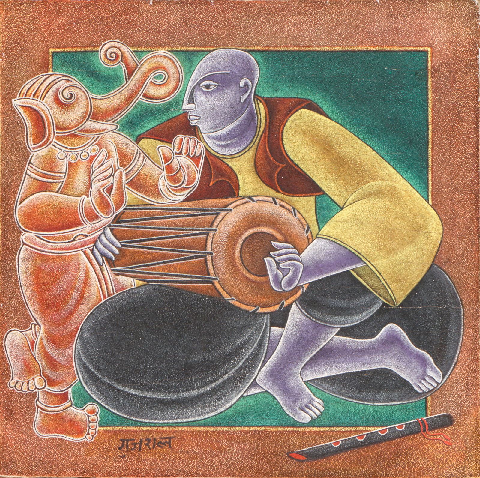Satish Gujral (Indian, 1925-2020) Painting, 40" x 40": Satish Gujral (Indian, 1925-2020) Untitled, marbled oil painting on unstretched canvas, signed, with COA. Unframed. Provenance: purchased from the artist in Delhi in 2006 through a dealer. Size: 40.5'