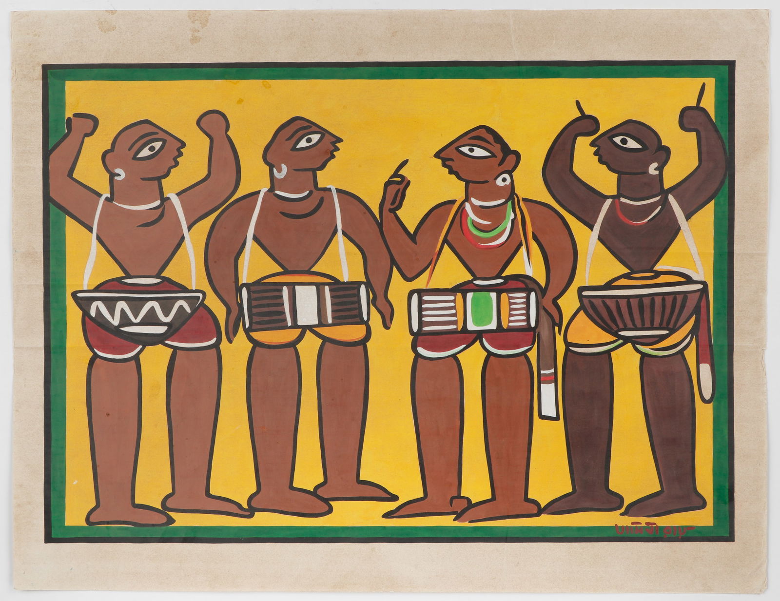 Jamini Roy (Indian, 1887-1972) "Musicians", 20" x 26": Jamini Roy (Indian, 1887-1972) "Musicians," tempera painting on board, signed. Framed. Size: 19.75'' x 25.75'', 50 x 65 cm (sight); 21.75'' x 27.75'', 55 x 70 cm (frame).