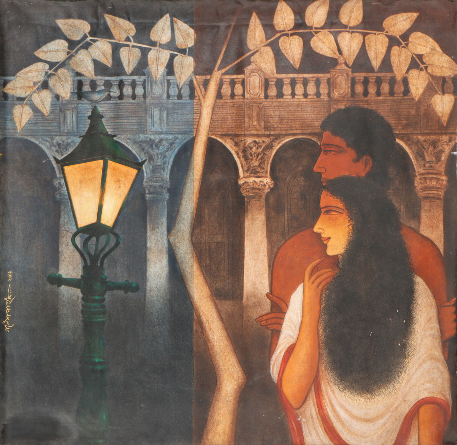 Ganesh Pyne (1937-2013) "Nostalgic Moment", 47" x 47": Ganesh Pyne (Indian, 1937-2013) "Nostalgic Moment," 2003, acrylic painting on un-stretched canvas, signed, titled, and dated. Unframed. With COA. Size: 47'' x 47'', 119 x 119 cm (canvas).