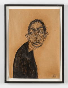 Sabhan Adam (Syrian/Syria) Portrait, Outsider/Folk Art Drawing: Sabhan Adam (Syrian/Syria, b. 1973) Untitled (Portrait), 2003, pencil and ink drawing on paper, signed and dated. Framed. Size: 18.75'' x 13.25'', 48 x 34 cm (sheet); 21.25'' x 16'', 54 x 41 cm (frame