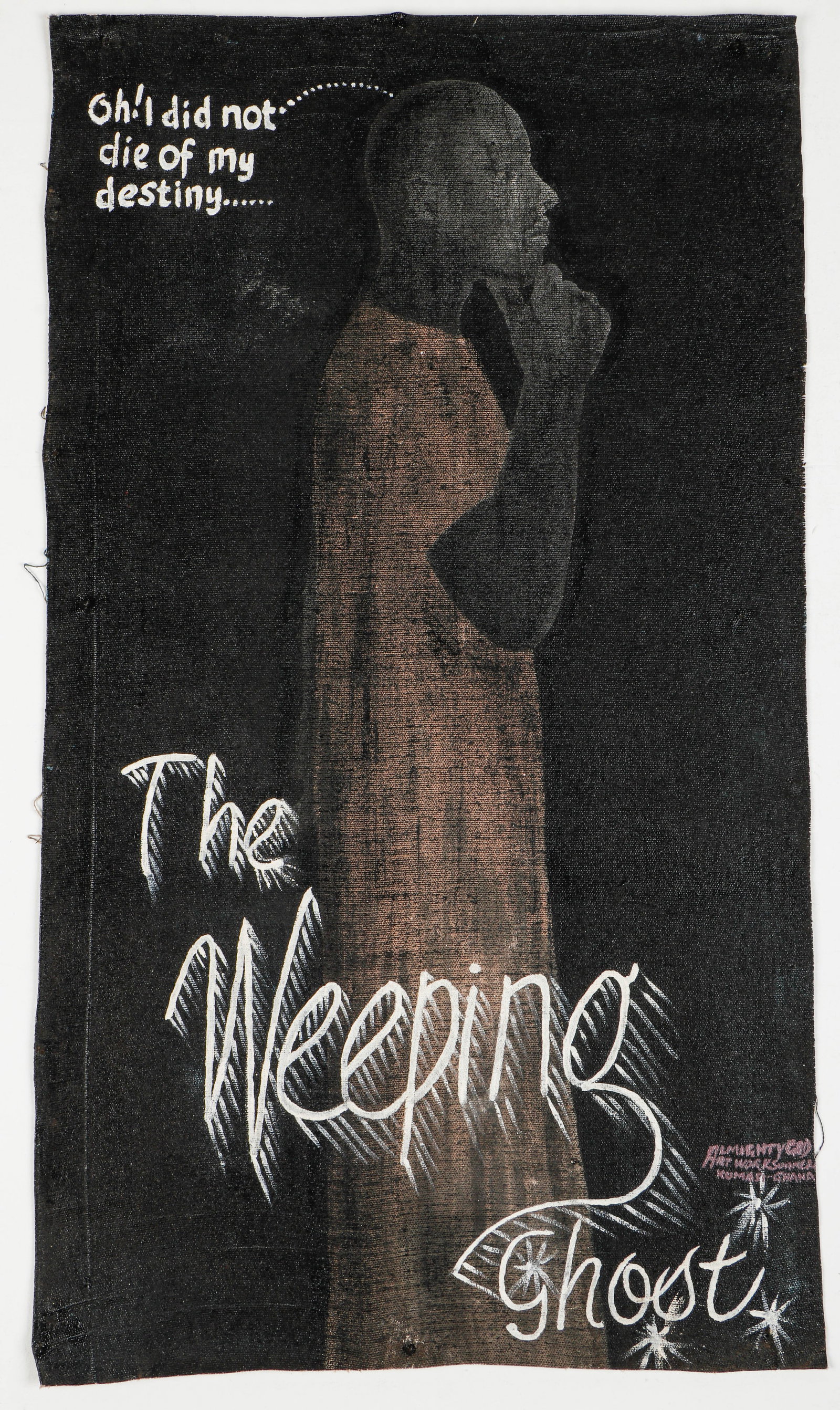 Kwame Akoto (a.k.a. Almighty God) (Ghanaian, b. 1950): Kwame Akoto (a.k.a. Almighty God) (Ghanaian, b. 1950) "Oh! I did not die of my destiny...... The Weeping Ghost", painting on canvas, signed. Unframed. Size: 41.25'' x 23.25'', 105 x 59 cm (unstreched 