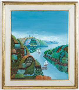 Murat St. Vil (Haitian, b. 1955): Murat St. Vil (Haitian, b. 1955) Untitled (Islands and Sailboats), oil painting on canvas, signed. Framed. Size: 24'' x 20'', 61 x 51 cm (stretcher); 30'' x 26'', 76 x 66 cm (frame).