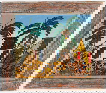 Micius Stephane (Haitian, 1912-1996), 20" x 24": Micius Stephane (Haitian, 1912-1996) Untitled (Village Scene), oil on board, signed. Framed. Size: 20'' x 24'', 51 x 61 cm (board); 27.75'' x 31.75'', 70 x 81 cm (frame).