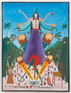 Prefete Duffaut (Haitian/Haiti) Erzulie with Dambala, Vodou: Préfète Duffaut (Haitian/Haiti, 1923–2012) Untitled Erzulie w/ Dambala), 2000, oil painting on canvas, signed and dated. Framed. Size: 23.75'' x 18'', 60 x 46 cm (stretcher); 24.25'' x 18.5'', 62