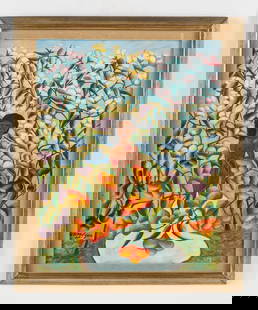 Stivenson Magloire (Haitian, 1963-1994): Stivenson Magloire (Haitian, 1963-1994) Untitled (Eve in the Garden) oil on board, signed. Framed. Size: 20'' x 16'', 51 x 41 cm (board); 23'' x 19'', 58 x 48 cm (frame).