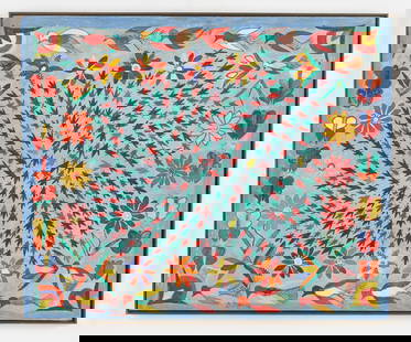 Desrivieres Ismeus (Haitian, 1919-2002): Desrivieres Ismeus (Haitian, 1919-2002) Untitled (Birds, Flowers, Butterflies) oil painting on masonite board, signed. Framed. Size: Size: 19.5'' x 23.75'' (50 x 60 cm).