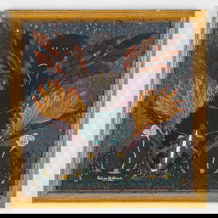 Gelin Buteau (Haitian, 1954-2000): Gelin Buteau (Haitian, 1954-2000) Untitled, oil painting on board, signed. Framed. Size: 23.5'' x 23.5'', 60 x 60 cm (sight); 27.75'' x 27.75'', 70 x 70 cm (frame).