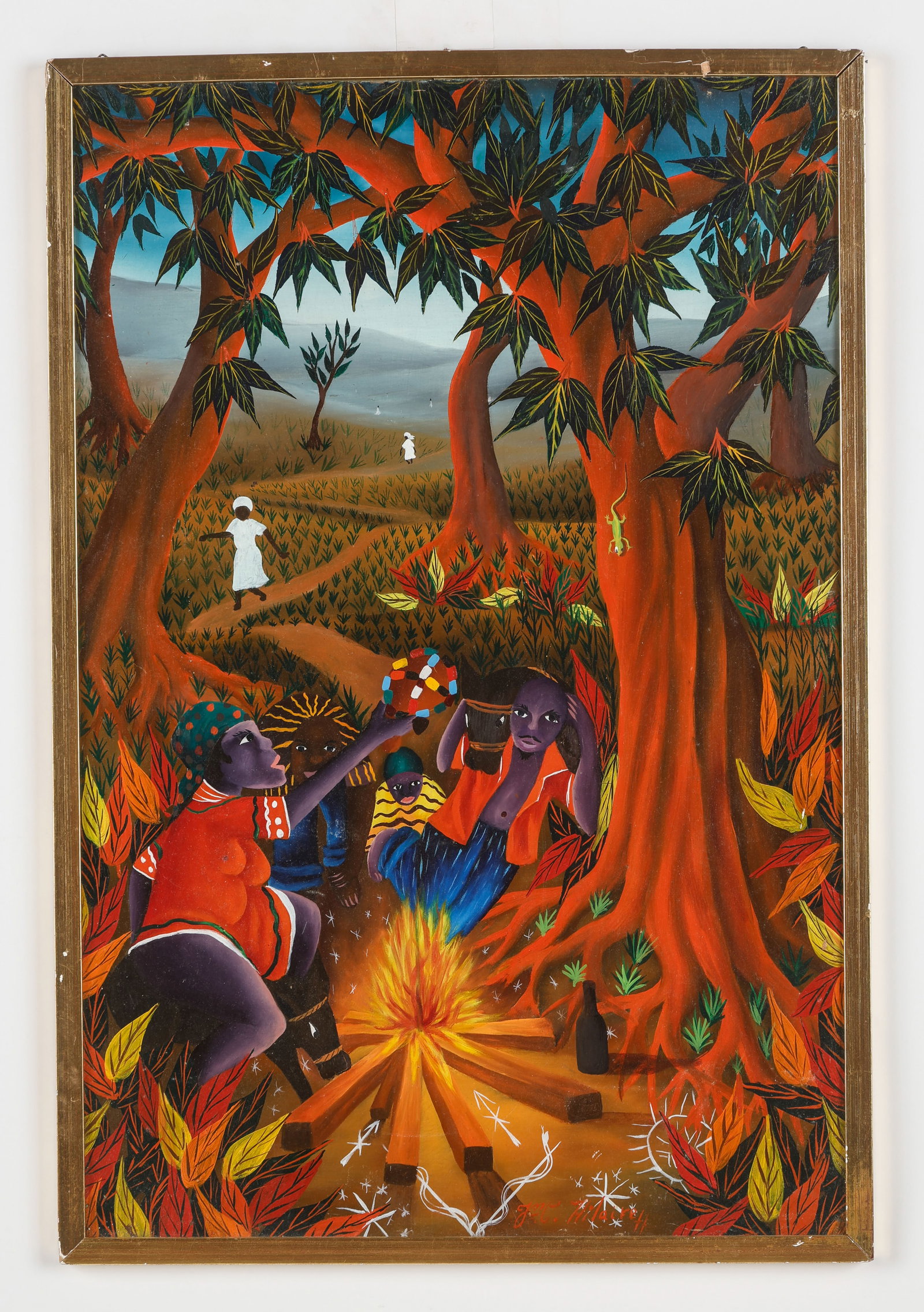 Jean Cedieu Hiliare (Haitian, b. 1954): Jean Cediea Hiliare (Haitian, b. 1954) Untitled (Vodou Ceremony Under a Tree,) oil painting on board, signed. Framed. Size: 24'' x 16'', 61 x 41 cm (board); 25'' x 17'', 64 x 43 cm (frame).