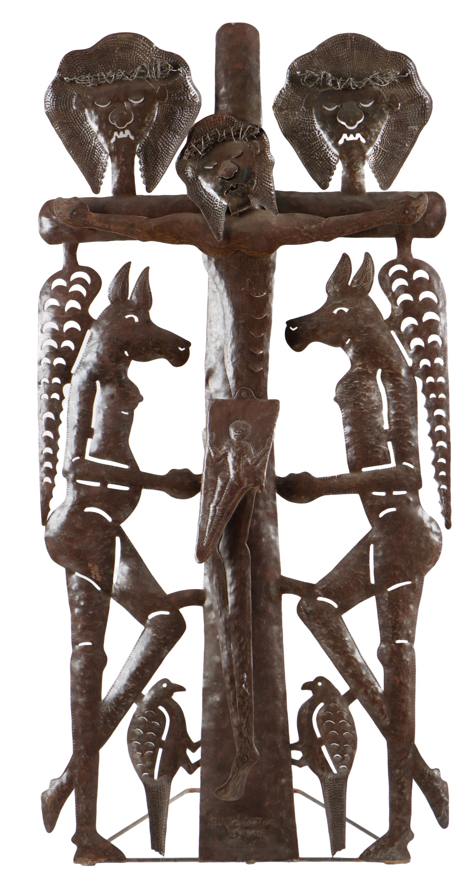 Serge Jolimeau (Haitian/Haiti) Metal Sculpture, H: 71": Serge Jolimeau (Haitian/Haiti, b. 1952) Monumental Folk Art Cut Steel Oil Drum Sculpture, 1988, signed and dated. Crucified Christ with Animal Loas/Lwas. Size: 71'' x 35'' (180 x 89 cm). Jolimeau is o