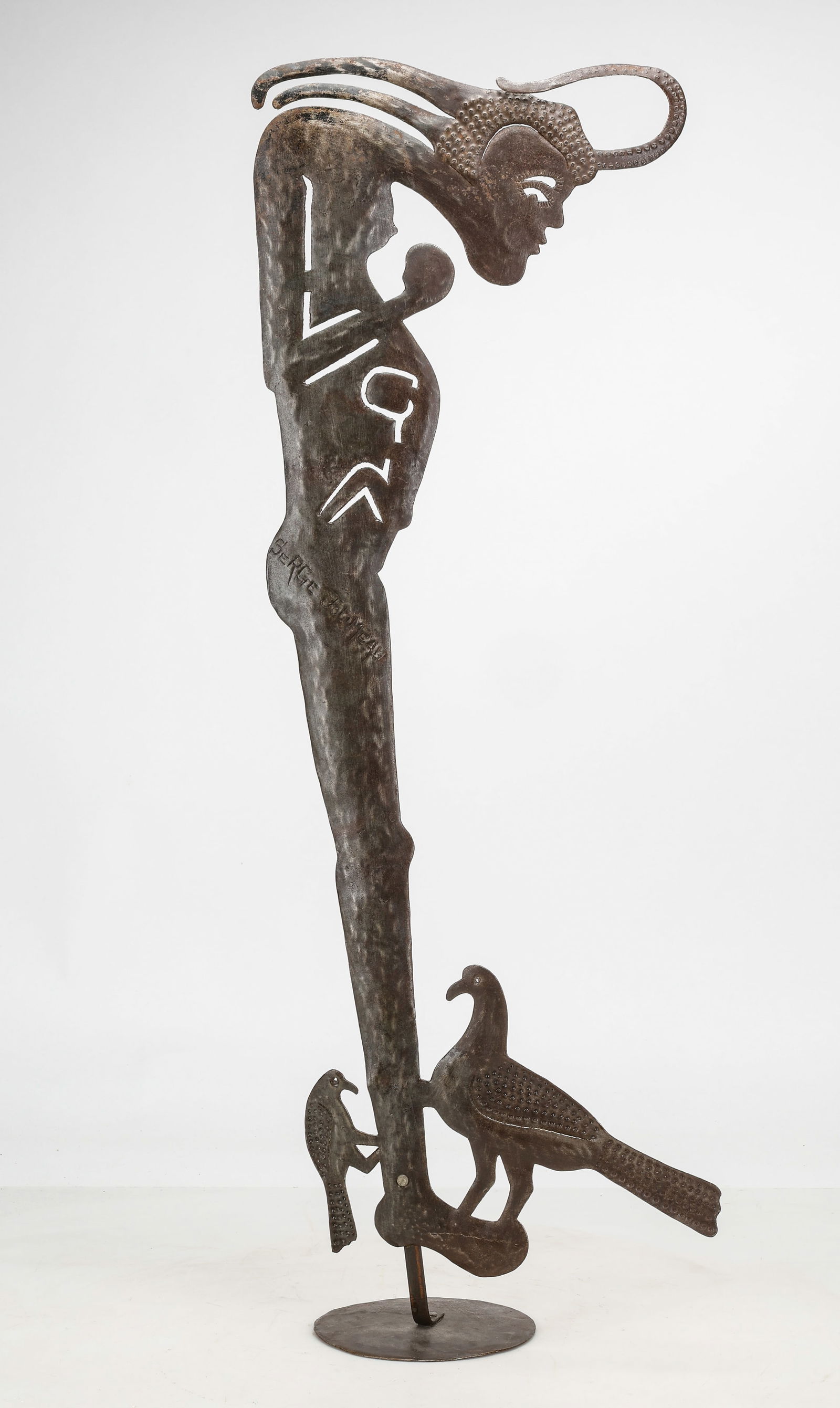 Serge Jolimeau (Haitian, b. 1952) Cut Steel Sculpture: Serge Jolimeau (Haitian, b. 1952) Cut Steel Oil Drum Sculpture, signed. Size: 36'' x 12'' x 6'' (91 x 30 x 15 cm).