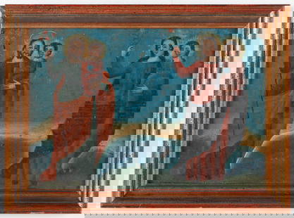 Antique Mexican Retablo Of The Holy Family: Antique Mexican Retablo Of The Holy Family. Oil on tin. Framed. Size: 7'' x 10'', 18 x 25 cm (tin); 8.5'' x 11.5'', 22 x 29 cm (frame).