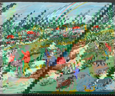 Helena Chwistek (Polish/Poland) Untitled (Figures in a Park), 1994: Helena Chwistek (Polish, 1910-2002) Untitled (Figures in a Park & Rainbow), 1994, oil painting on board, signed and dated. Unframed. Size: 25.25'' x 30.5'', 64 x 77 cm (board). Chwistek is a self-taug