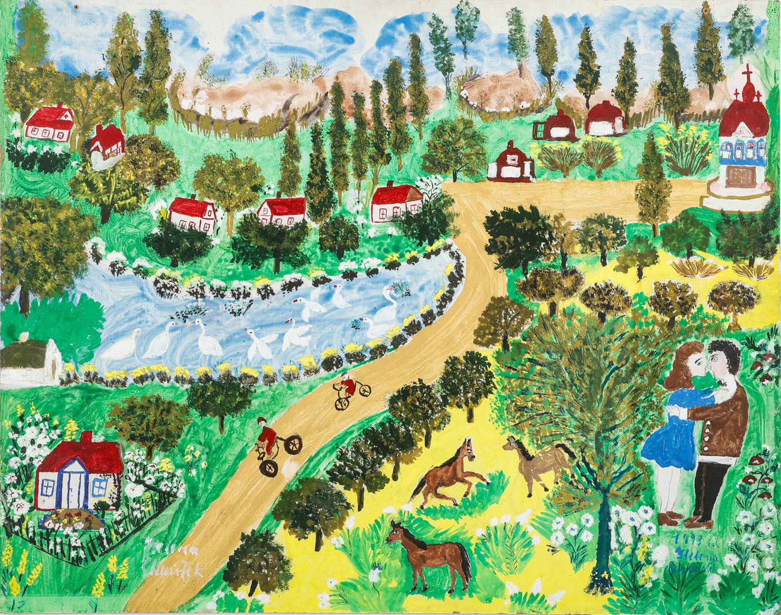 Helena Chwistek (Polish/Poland) "Country Landscape": Helena Chwistek (Polish/Poland, 1910-2002) "Country Landscape/Couple in Kissing Embrace," oil painting on board, signed and dated. Unframed. Size: 25'' x 31.5'', 64 x 80 cm (board). Chwistek is a self