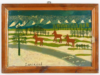 Ludwig Wiecek (Polish/Poland) Folk Art Painting: Ludwig Wiecek (Polish/Poland b. 1911) Folk Art Painting, Untitled (Reindeer in Winter) oil on board, signed. Framed. Size: 13.25'' x 19.75'', 34 x 50 cm (board); 16.25'' x 22.75'', 41 x 58 cm (frame).
