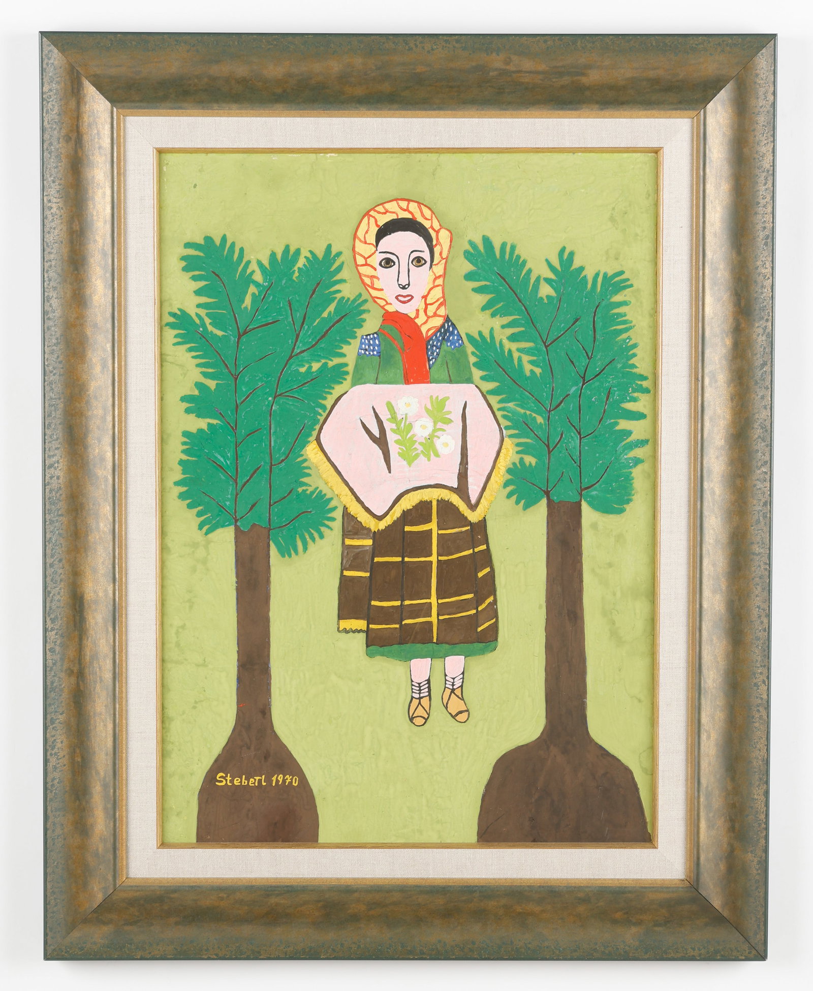 Ondrej Steberl (Czech) Portrait, Folk Self-taught, Naive: Ondrej Steberl (Czech, 1897-1977) "Portrait of Woman," 1970, oil painting on board, signed and dated. Framed. Size: 24.5'' x 17.5'', 62 x 44 cm (sight); 32.75'' x 25.75'', 83 x 65 cm (frame).