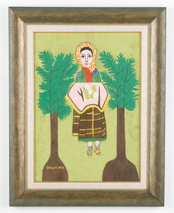 Ondrej Steberl (Czech) Portrait, Folk Self-taught, Naive: Ondrej Steberl (Czech, 1897-1977) "Portrait of Woman," 1970, oil painting on board, signed and dated. Framed. Size: 24.5'' x 17.5'', 62 x 44 cm (sight); 32.75'' x 25.75'', 83 x 65 cm (frame).