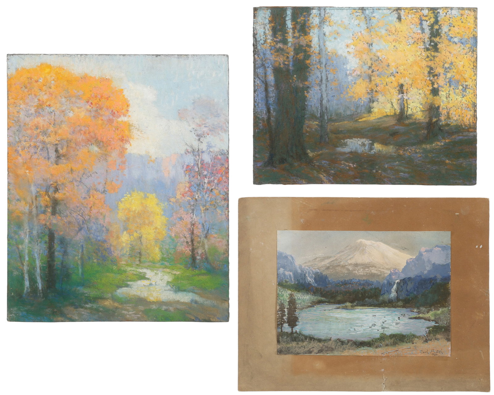 Carl Abel (American, 1875-1959) 3 pastels: Carl Abel (American, 1875-1959) 3 Pastels. Sizes Ranging From: 5.75'' x 7.75'', 15 x 20 cm (sheet); 8.75'' x 11.25'', 22 x 29 cm (mat); To: 12'' x 10'', 30 x 25 cm (board). Note: Artist Carl Abel (187