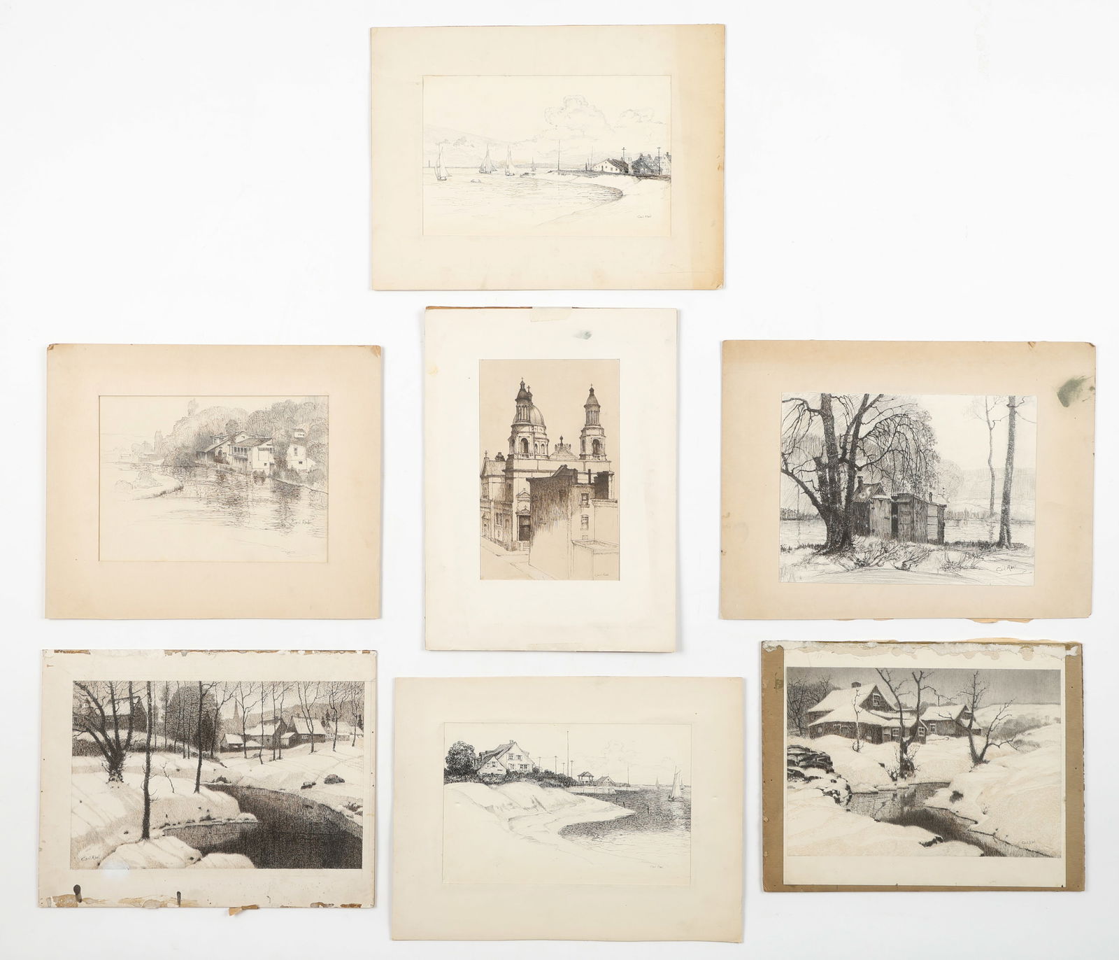 Carl Abel (American, 1875-1959): Carl Abel (American, 1875-1959) 7 printsSizes Ranging From: 9.5'' x 6'', 24 x 15 cm (sight); 14.75'' x 10.75'', 37 x 27 cm (mat); To: 8'' x 12.5'', 20 x 32 cm (image); 11'' x 14.25'', 28 x 36 cm (boar