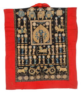 Antique Yao Silk Embroidered Shaman's Robe: Yao Silk Embroidered Shaman's Robe. Shaman's robe with black cotton background and red cotton borders, with silk embroidery in blues and golds. 3'3'' x 3'9'' (99 x 114 cm). Provenance: Ex. Roger Holla