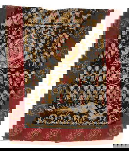 Antique Yao Lan Tan Shaman's Robe, Laos: Open front, slit side robe with blue cotton center panels and dark red wool twill borders. Embroidery on each of the two front panels depicts curving, scaly dragons and two figures above a sketchy ren