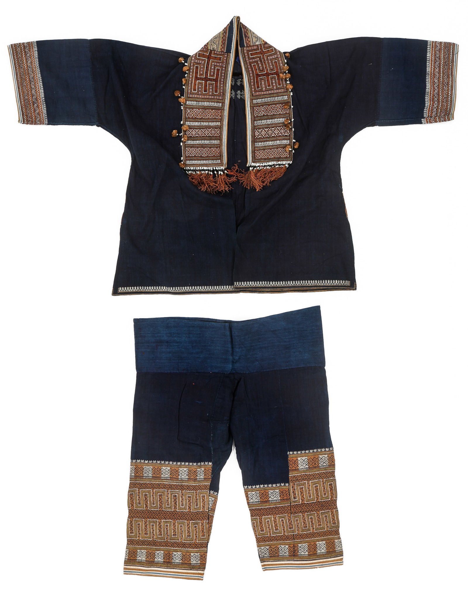 Yao Woman's Embroidered Jacket and Pants, Early/Mid 20th C.: Yao Woman's Embroidered Jacket and Pants. Indigo-dyed cotton with silk embroidery and seed beads. 1'11'' x 2'7'' (58 x 79 cm); 4'5'' x 2'6'' (135 x 76 cm). Provenance: Ex. Roger Hollander collection.