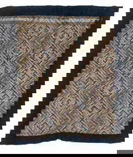 Buyi Cotton and Silk Blanket Textile, China, Early 20th C.: Buyi Cotton and Silk Blanket Textile, China. Blanket sewn from three strips of cotton ground fabric with discontinuous supplementary weft inlay in cotton and silk, plain cotton cloth border. 3'5'' x 3