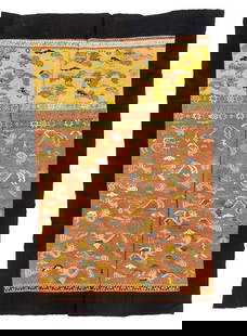 Antique Maonan Cotton and Silk Blanket Textile, China: Antique Maonan Cotton and Silk Blanket Textile, China. Blanket made of two strips of cotton warp/cotton weft fabric with continuous and discontinuous supplementary weft inlay in silk, surrounding bord