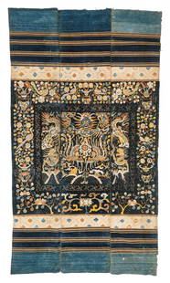 Antique Li Long Bei Dragon Cover, Hainan Island,  China: Antique Li Long Bei Dragon Covers, Hainan Island, China. Wall hanging constructed of three separately woven sections. Embroidered in silk on a dense, weft faced cotton foundation with striped panels o