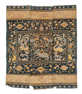 Antique Li Long Bei Dragon Cover, Hainan Island, China: Antique Li Long Bei Dragon Cover, Hainan Island, China. Wall hanging composed of three large cotton panels with striped patterns on ends. Embroidered in the center section with dragon, fish, phoenix,