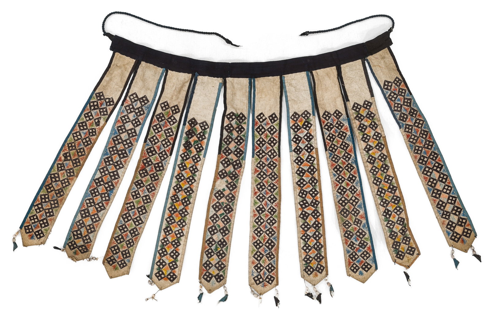 Dong Chinese Apron/Open Skirt, 19th C.: Dong Chinese Apron/Open Skirt, 19th C. Open skirt of ten plaquets sewn to a waistband. Braided cotton tie closure. Each pendant skirt element of cotton tabby with two sewn-on vertical rows of cut-out 