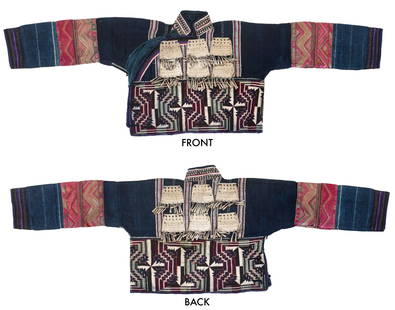 Yi Short Jacket with Silver Ornaments, China, Early 20th C.: Yi Short Jacket with Silver Ornaments, China, Early 20th C. Short jacket with side loop closure, composed of varied panels of plain tabby woven cotton, silk and cotton embroidery on cotton. Breast and