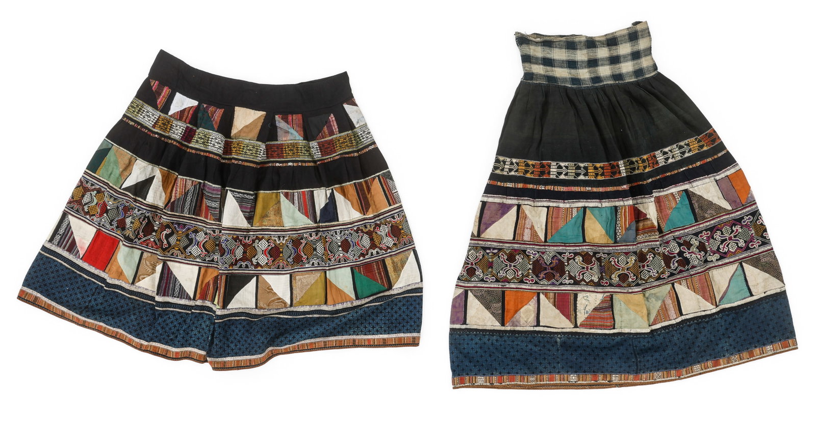 Two Yi Woman's Patchwork Skirts, Yunnan Province, China, Early/Mid 20th C.: Two Yi Woman's Patchwork Skirts, Yunnan Province, China. Wide, gathered skirts with wide waistband, skirt body of alternating horizontal rows of triangular patchwork, handloomed supplementary weft flo