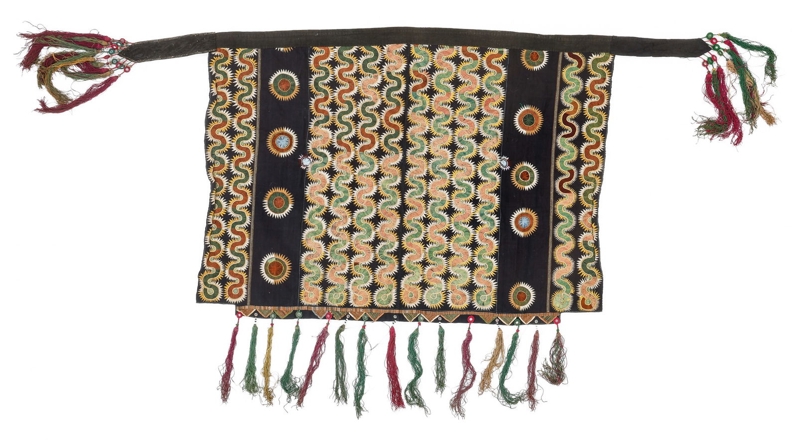 Yi Embroidered and Tasseled Baby Carrier, China, Early/Mid 20th C.: Yi Embroidered and Tasseled Baby Carrier, China, Early/Mid 20th C. Rectangular cloth baby carrier with narrow cloth ties. The carrier has embroidery on center field, silk tassels with wrapped and knot