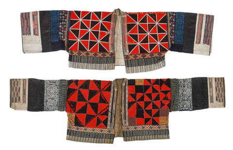 Two Miao Woman's Festival Short Jackets, China, Early/Mid 20th C.: Two Miao Woman's Festival Short Jackets, China, Early/Mid 20th C. Short, open front woman's jackets constructed from panels of triangular piecework, folded cloth, wax resist (batik), embroidery, suppl