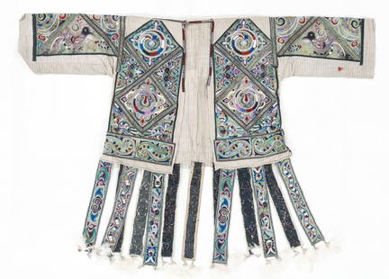 Miao "Hundred Bird" Festival Jacket, China, Early/Mid 20th C.: Miao "Hundred Bird" Festival Jacket, China, Early/Mid 20th C. Elaborate front opening, full sleeved, collared, calf-length robe with multiple hanging lappets decorated with embroidery, beads and feath