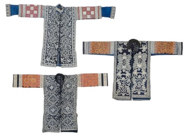 3 Miao Embroidered and Batik Indigo-Dyed Jackets, China, Early/Mid 20th C.