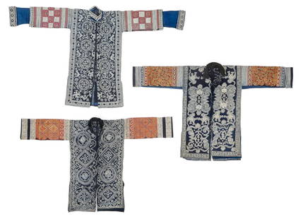 3 Miao Embroidered and Batik Indigo-Dyed Jackets, China, Early/Mid 20th C.: 3 Miao Embroidered and Batik Indigo-Dyed Jackets, China, Early/Mid 20th C. Cotton with embroidered sleeves and fully batik dyed bodies. Ranging in size from: 4'4'' x 2'7'' (132 x 79 cm) to 4'10'' x 2'
