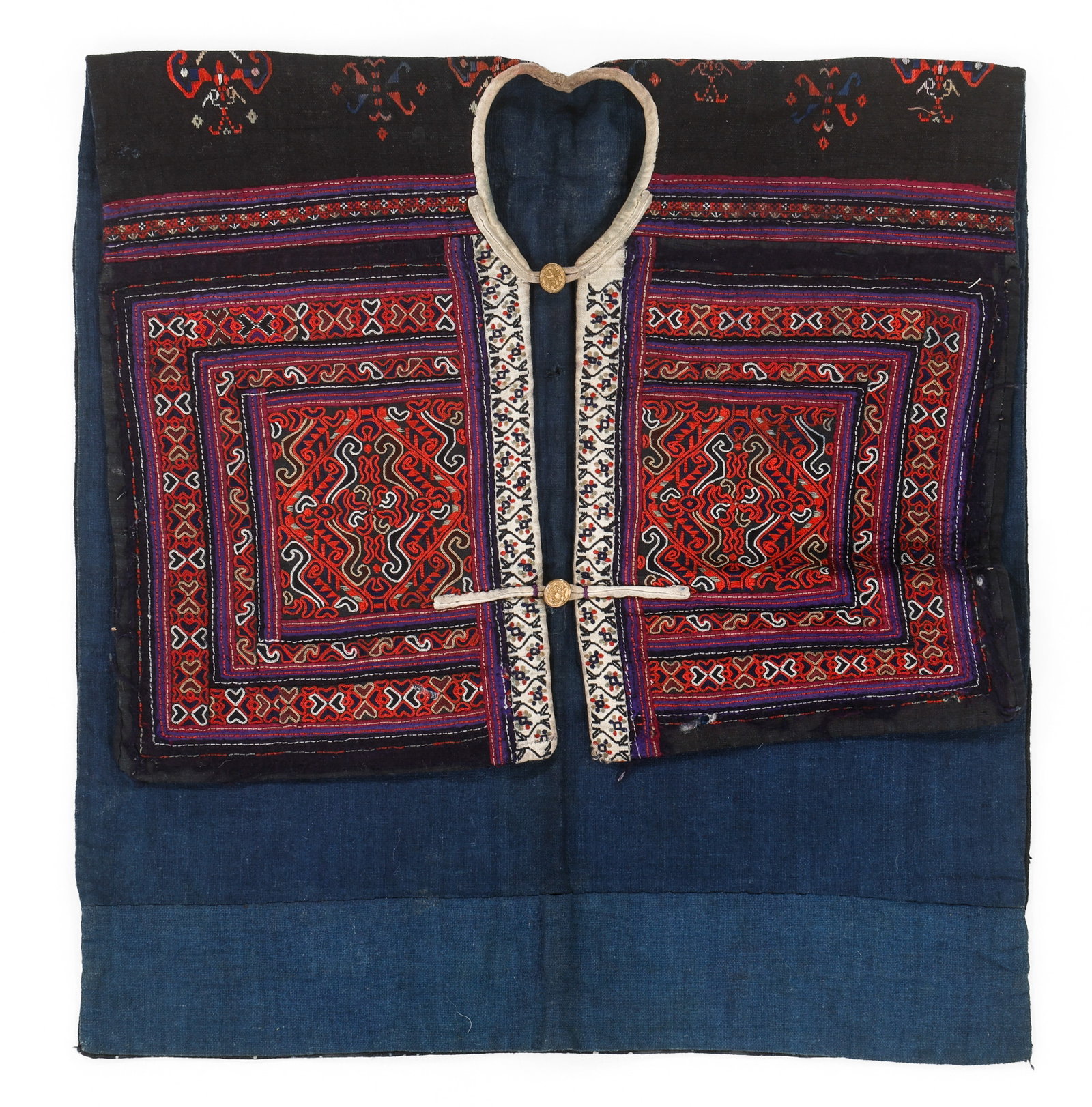 Miao Child's Embroidered Vest, China, Early/Mid 20th C.: Miao Child's Embroidered Vest, China. Open sided child's vest or tunic made in rectangular form, with short front, long back section, round collar, front loop and button closure. Embroidery and appliq