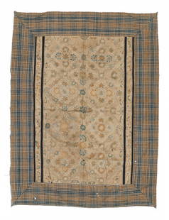 Antique Zhuang Child's Quilted Blanket, China: Antique Zhuang Child's Quilted Blanket, China. Blanket in quilt technique, made for a child. Square in shape, made of fabrics in taupe and sage shades. The quilt has a plaid border with diamond shapes
