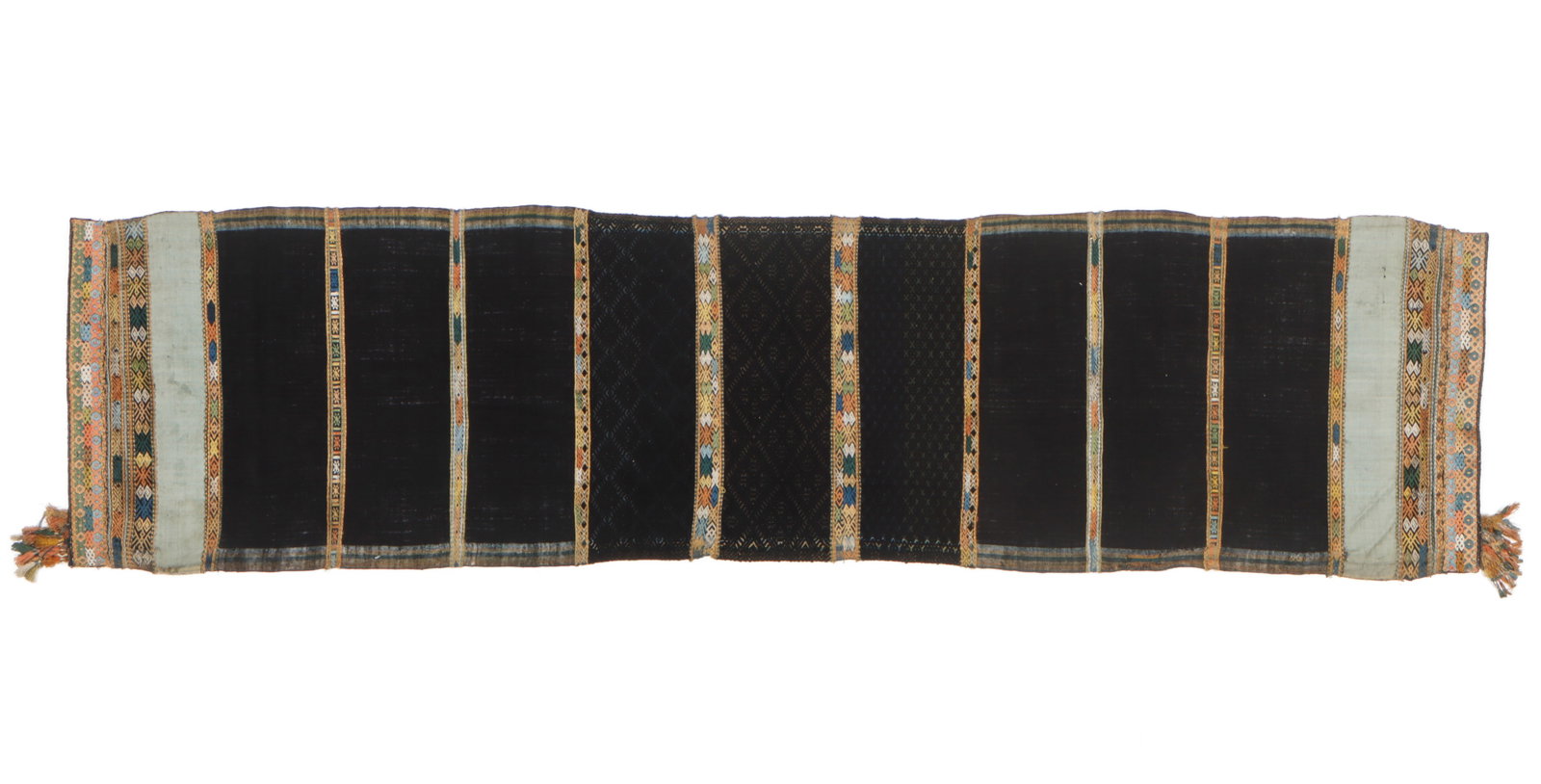 Zhuang Cotton and Silk Head Cloth, China, 19th C.: Zhuang Cotton and Silk Head Cloth, China, 19th C. Black and beige woven with unique patterns, embroidered with shades of blue, brown, rust and black. 5'0'' x 1'3'' (152 x 38 cm). Provenance: Ex. Roger