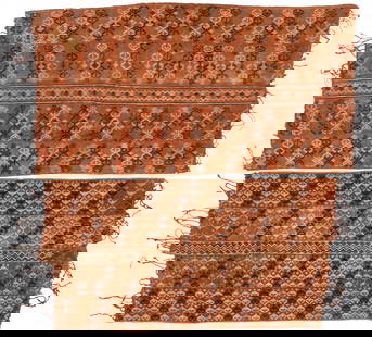 Two Antique Li Ha Cotton Blanket Textiles, China: Two Antique Li Ha Cotton Blanket Textiles, China. Large cotton blankets woven in five sections, sewn together, with patterning in discontinuous supplementary weft inlay of cotton yarns, braided ends.