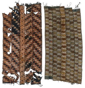 Two Antique Li Ha Cotton Blanket Textiles, China: Li Ha Cotton Blanket Textiles, China. Two large cotton blanket woven in five sections, sewn together, with patterning in discontinuous supplementary weft inlay of cotton yarns, braided ends. From the