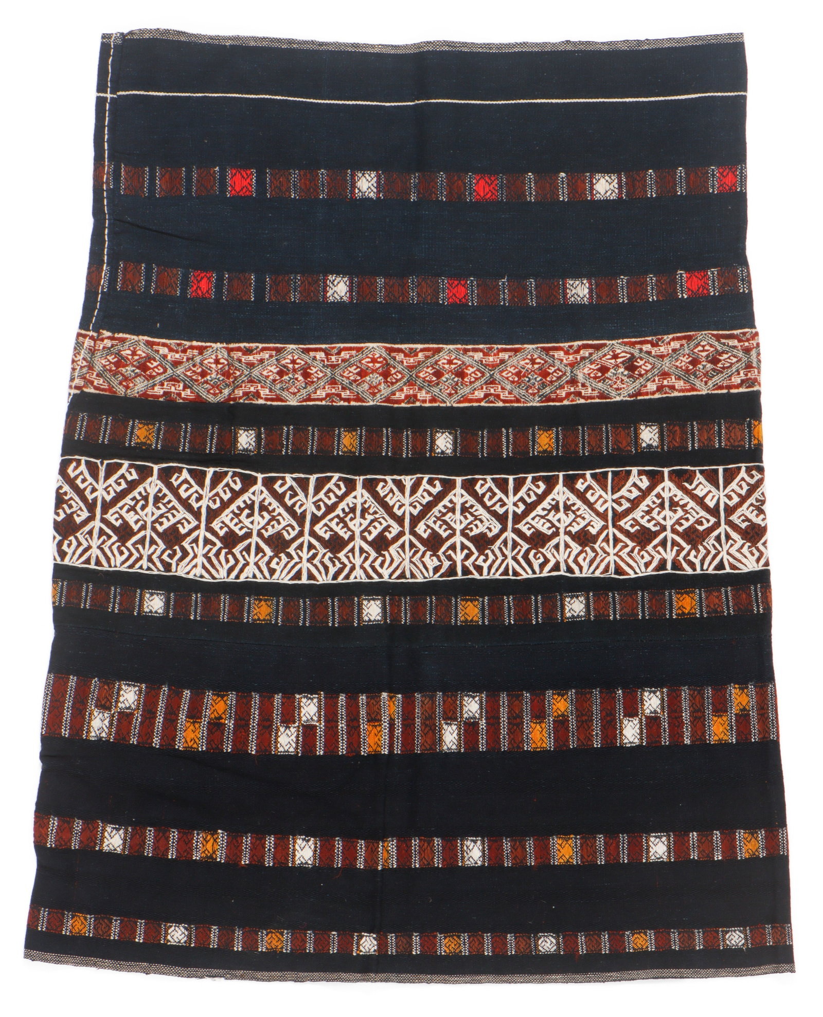Li Ha Embroidered Tube Skirt, Hainan, China: Li Ha Embroidered Tube Skirt, Hainan, China. Woman's skirt constructed of four bands, one which is narrow and silk embroidered, another section on the third band distinguished by bold embroidery outli