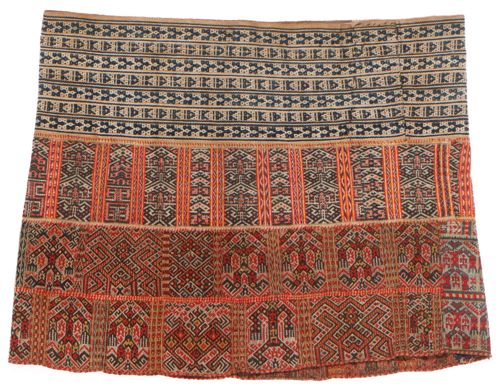 Fine Li Run Short Tube Skirt, China, Early/Mid 20th C.: Fine Li Run Short Tube Skirt, China, Early/Mid 20th C. Short tube skirt constructed from four strips of cotton with supplementary weft inlay in cotton and silk and one strip of supplementary warp floa